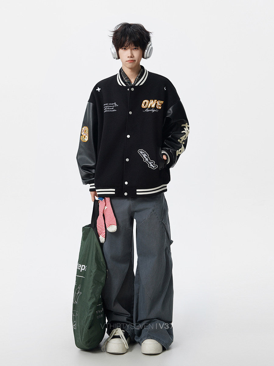 COLOR CLASHING VARSITY JACKET WITH PATCHES - STREETWEAR OVERSIZED BOMBER COAT EHW5024