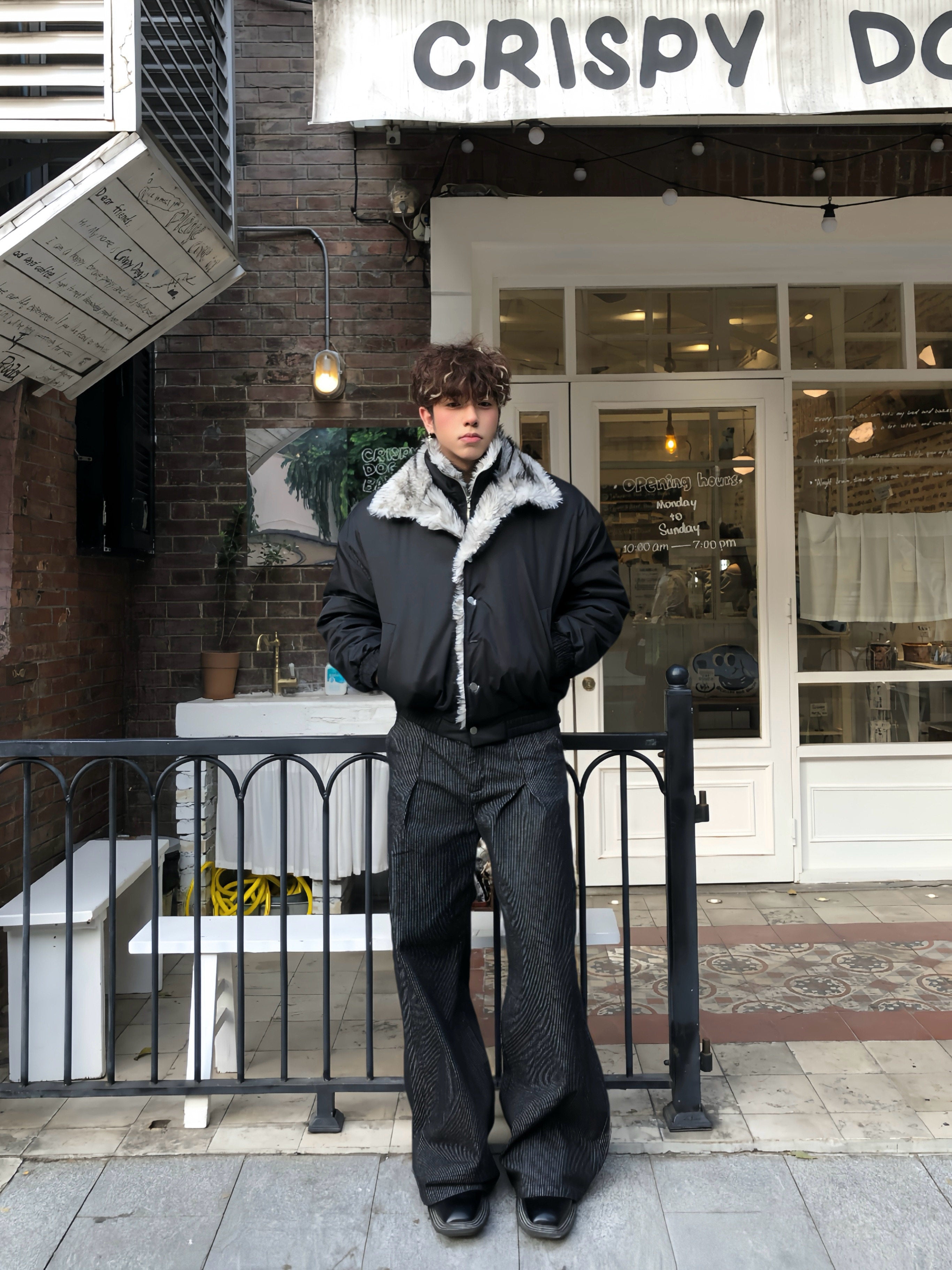 FAUX FUR TRIM CROPPED BOMBER JACKET-FAUX TWO-PIECE STYLE EHW5031