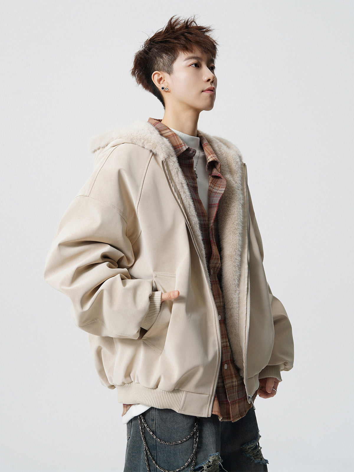 UNISEX FAUX FUR HOODED SUEDE JACKET - STREETWEAR ZIP COAT EHW5028