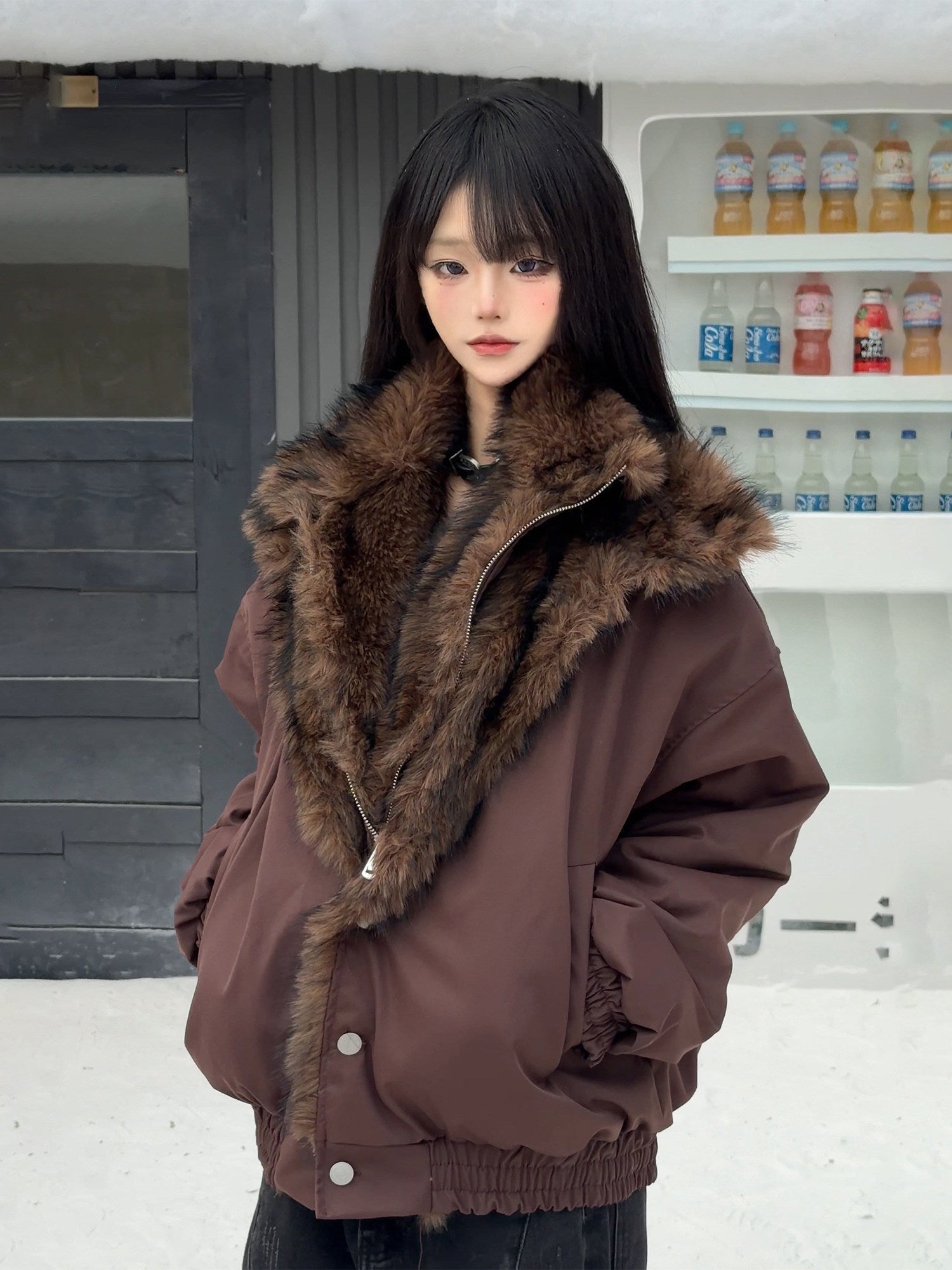 FAUX FUR TRIM CROPPED BOMBER JACKET-FAUX TWO-PIECE STYLE EHW5031