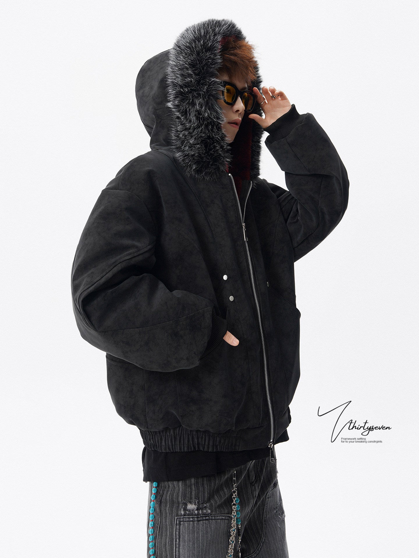 Y2K HIP HOP STYLE FAUX FUR TRIM HOODED JACKET EHW5029