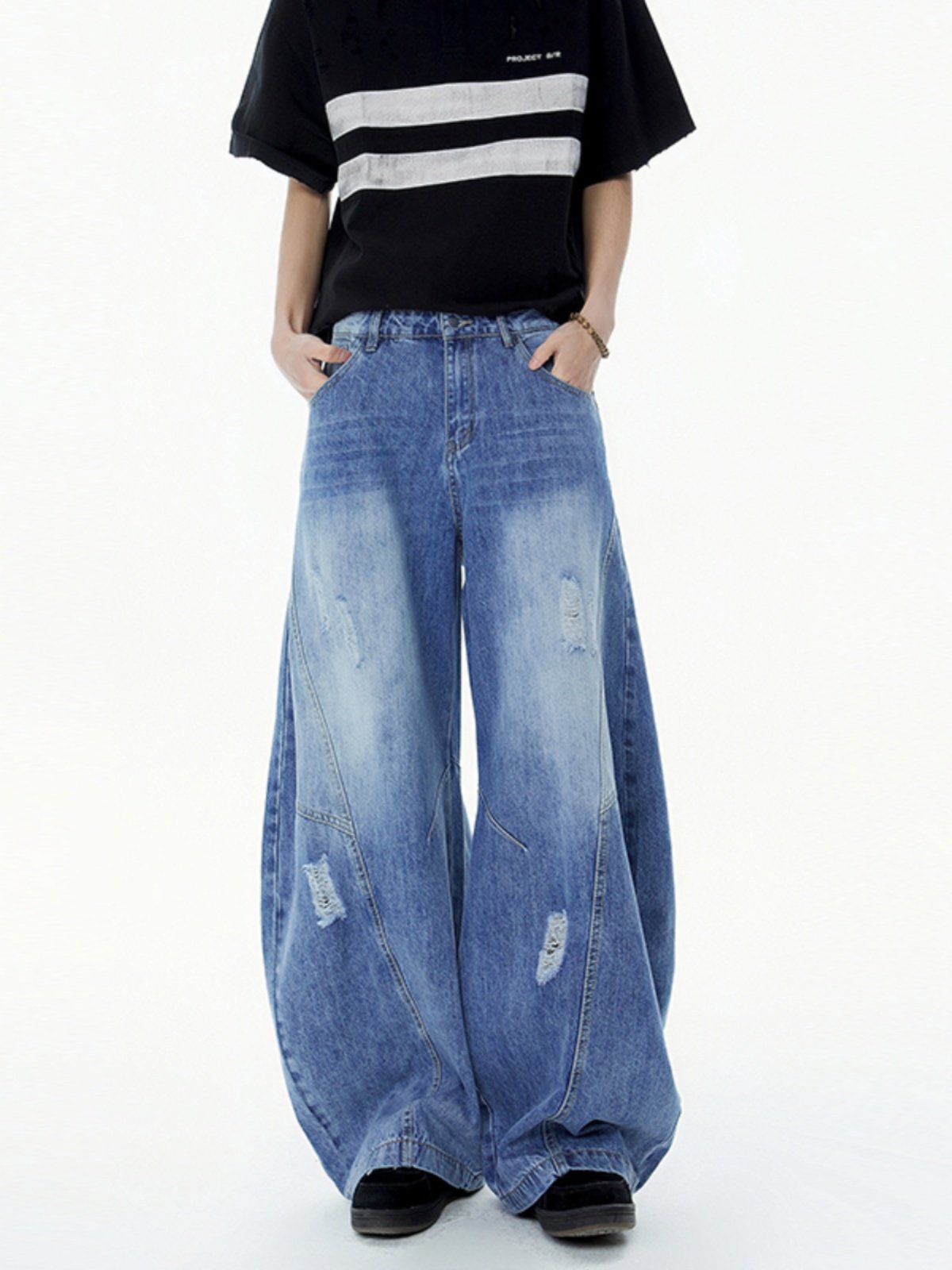 AMERICAN VINTAGE RIPPED BAGGY WIDE LEG JEANS - DISTRESSED FLARE CUT DENIM PANTS EHK5024