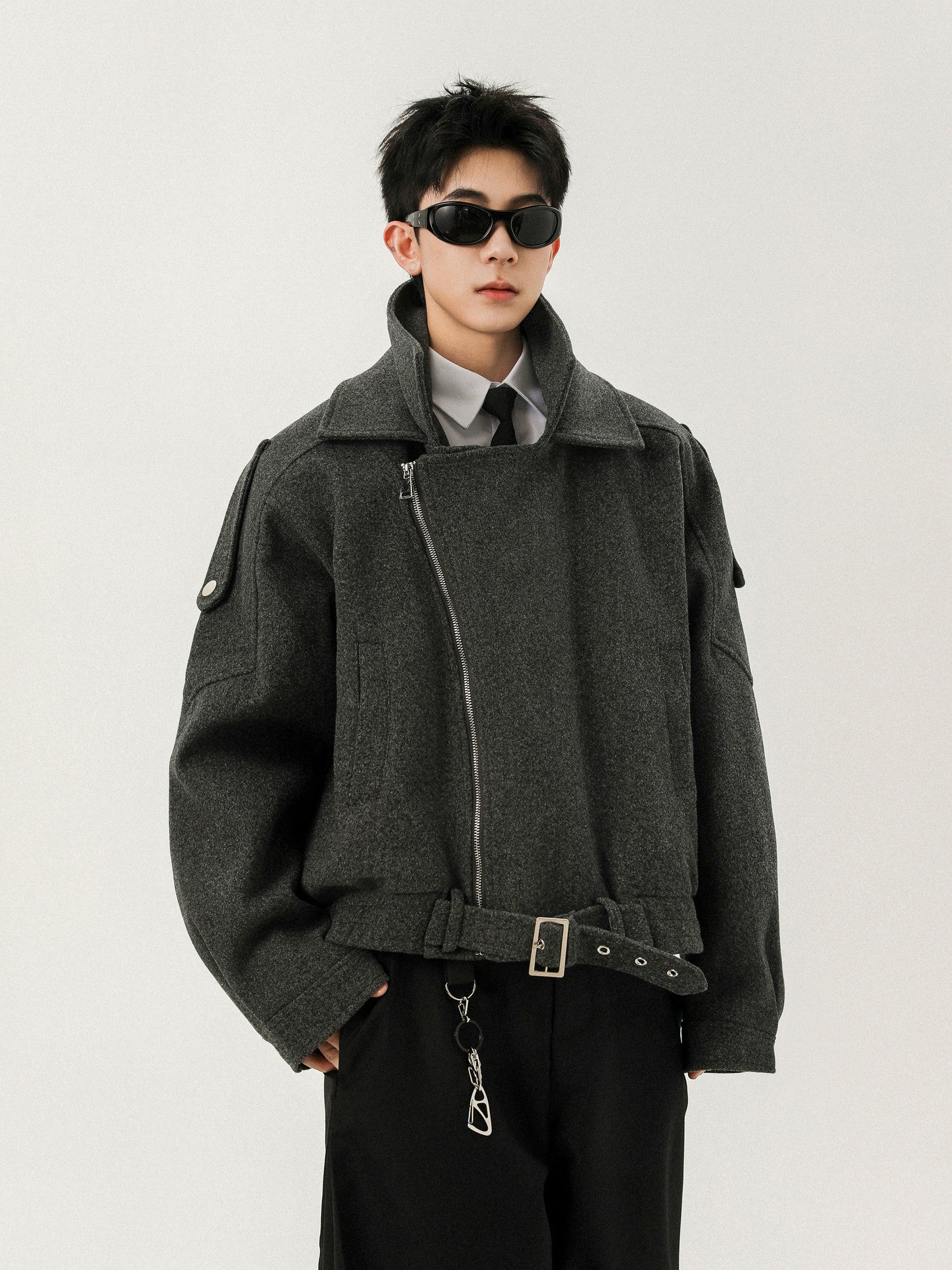 OVERSIZED WOOL BIKER JACKET-STREETWEAR ASYMMETRIC ZIP COAT EHW5023