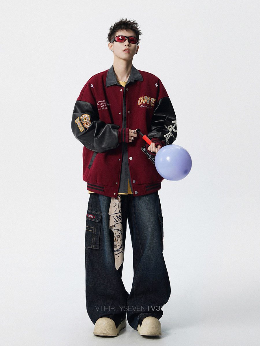 COLOR CLASHING VARSITY JACKET WITH PATCHES - STREETWEAR OVERSIZED BOMBER COAT EHW5024