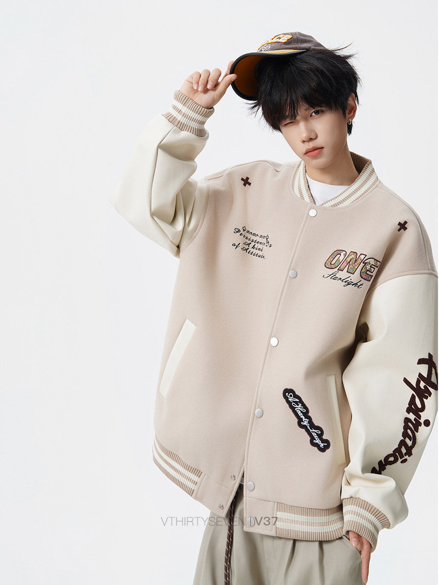COLOR CLASHING VARSITY JACKET WITH PATCHES - STREETWEAR OVERSIZED BOMBER COAT EHW5024