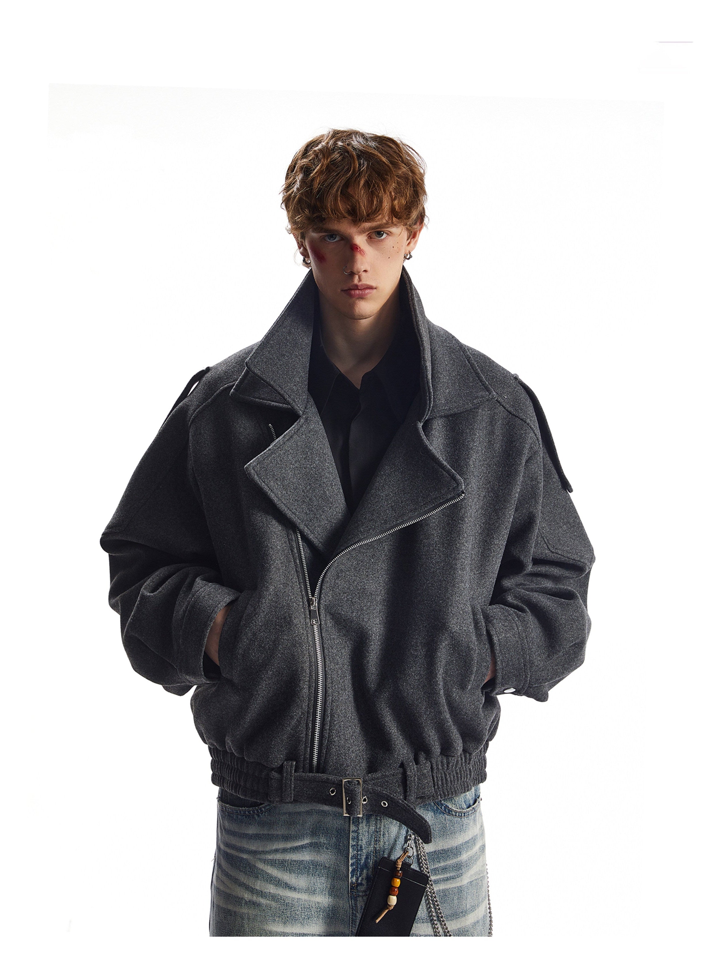 OVERSIZED WOOL BIKER JACKET-STREETWEAR ASYMMETRIC ZIP COAT EHW5023