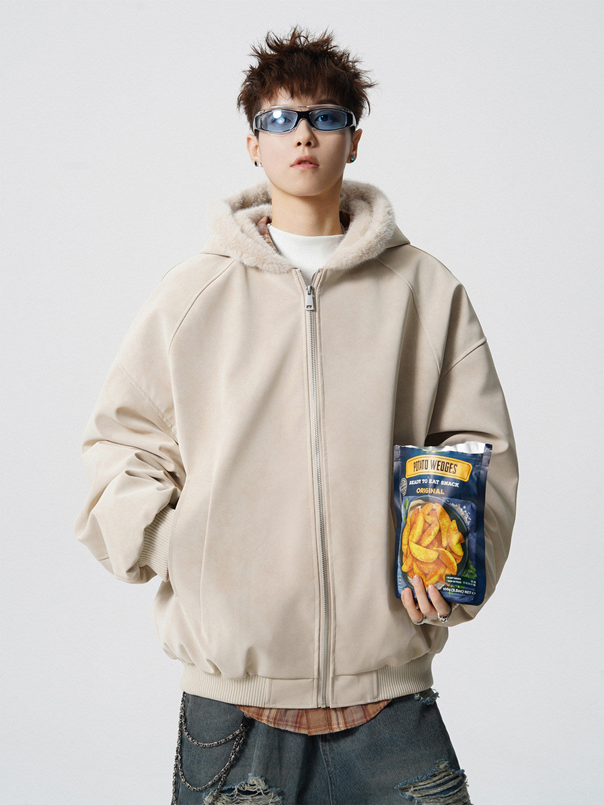 UNISEX FAUX FUR HOODED SUEDE JACKET - STREETWEAR ZIP COAT EHW5028