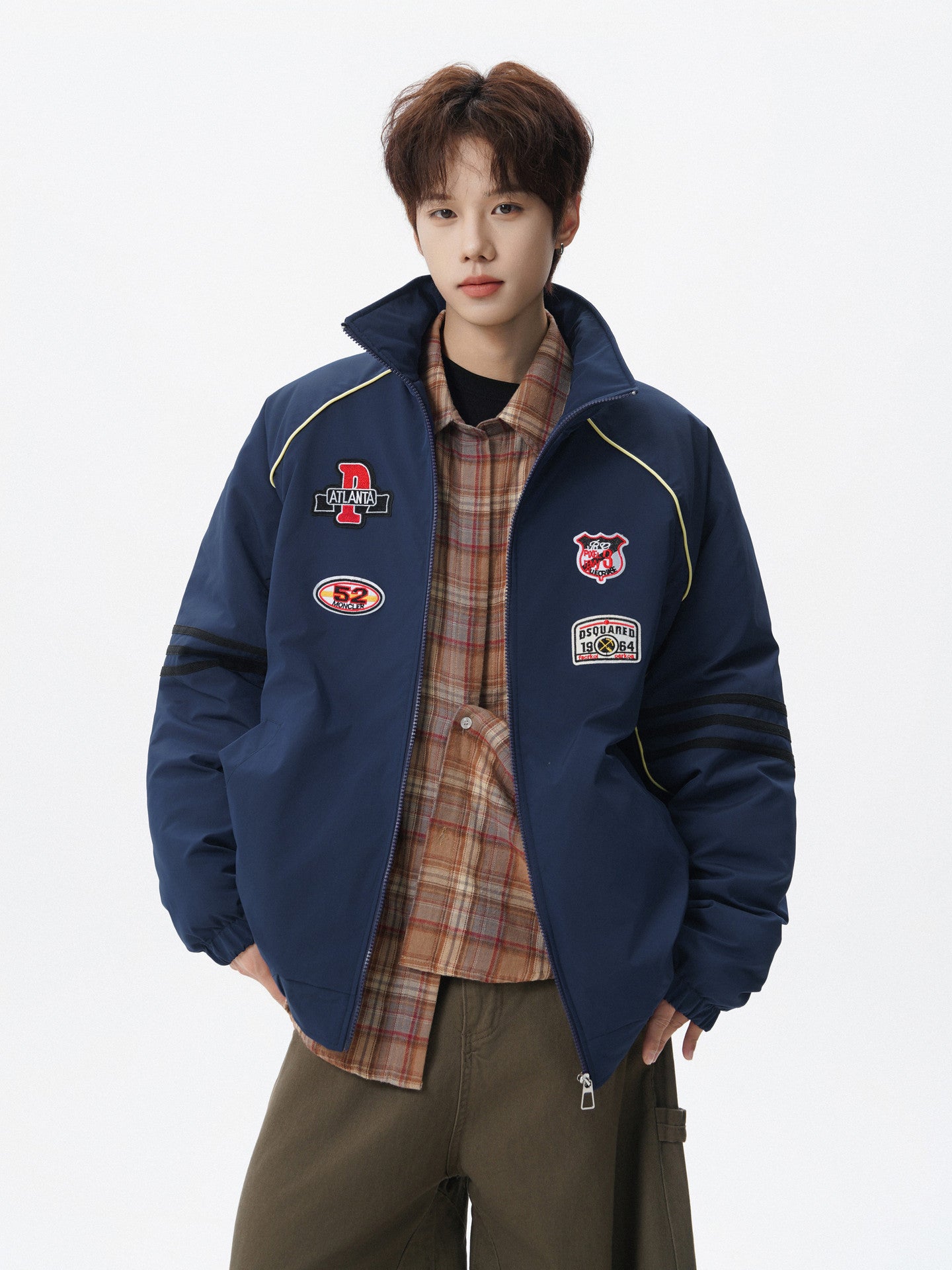 RACING STYLE BOMBER JACKET FOR MEN - PATCH DETAIL STREETWEAR OUTERWEAR EHW5033