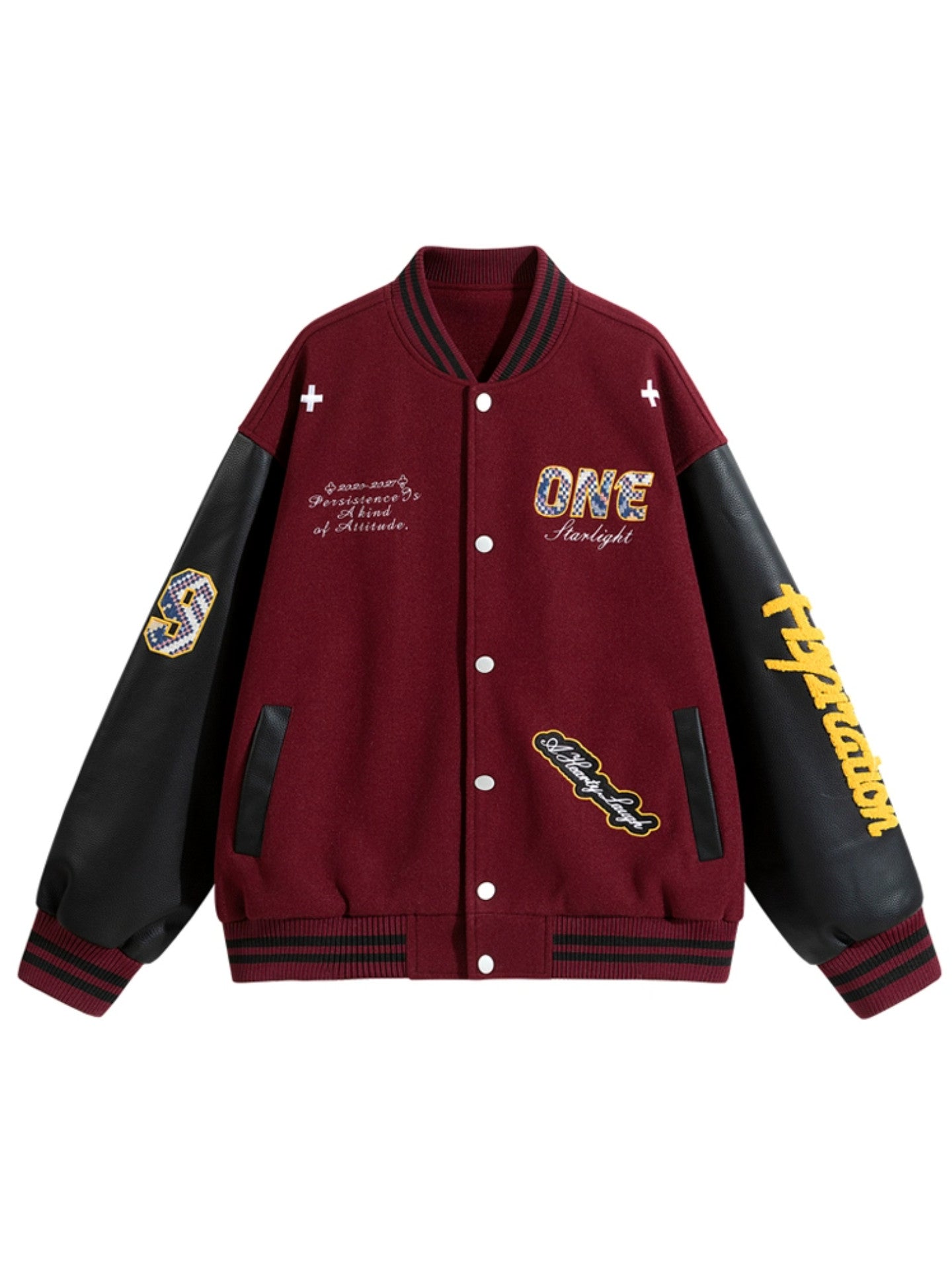 COLOR CLASHING VARSITY JACKET WITH PATCHES - STREETWEAR OVERSIZED BOMBER COAT EHW5024