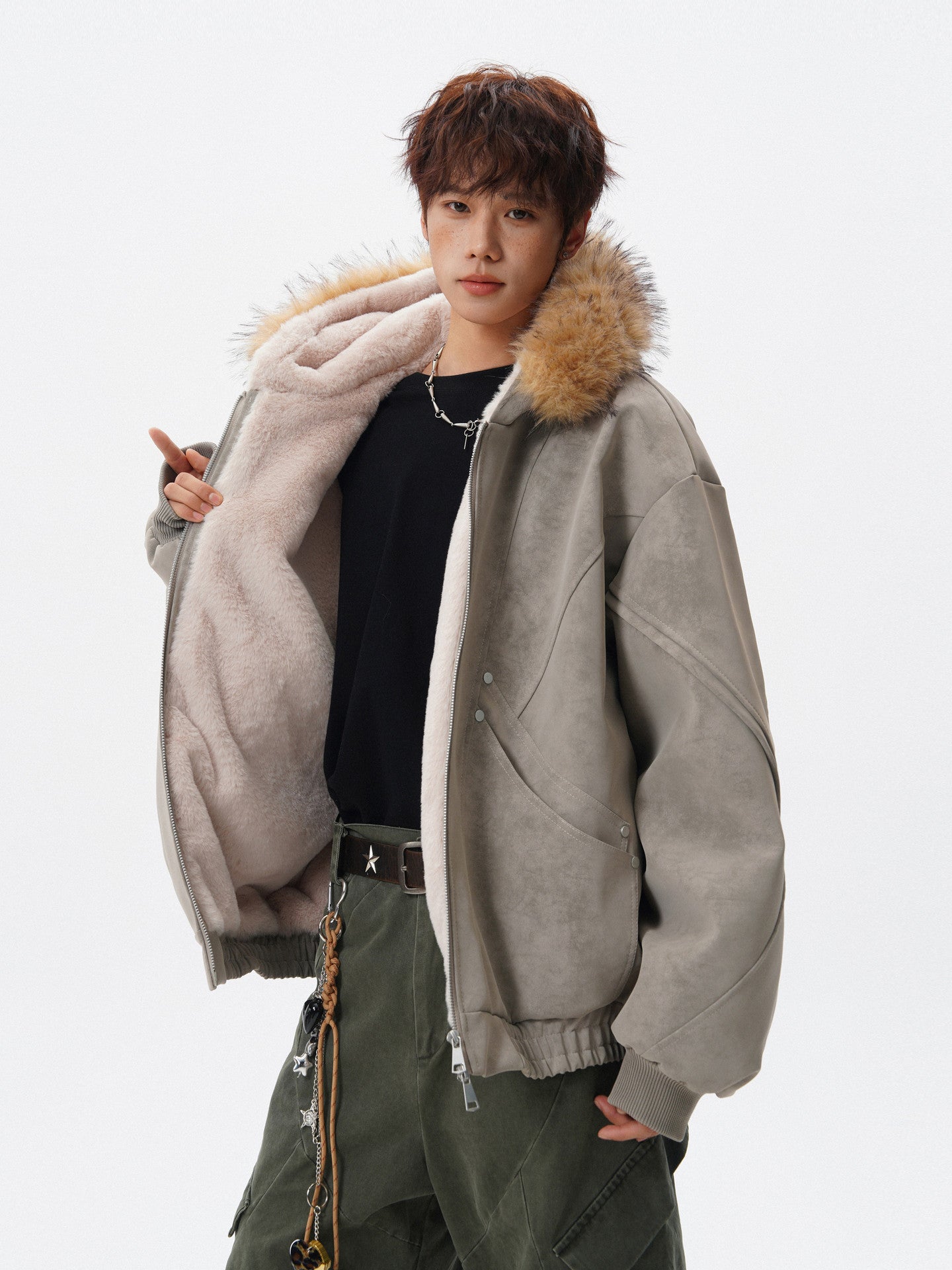 Y2K HIP HOP STYLE FAUX FUR TRIM HOODED JACKET EHW5029