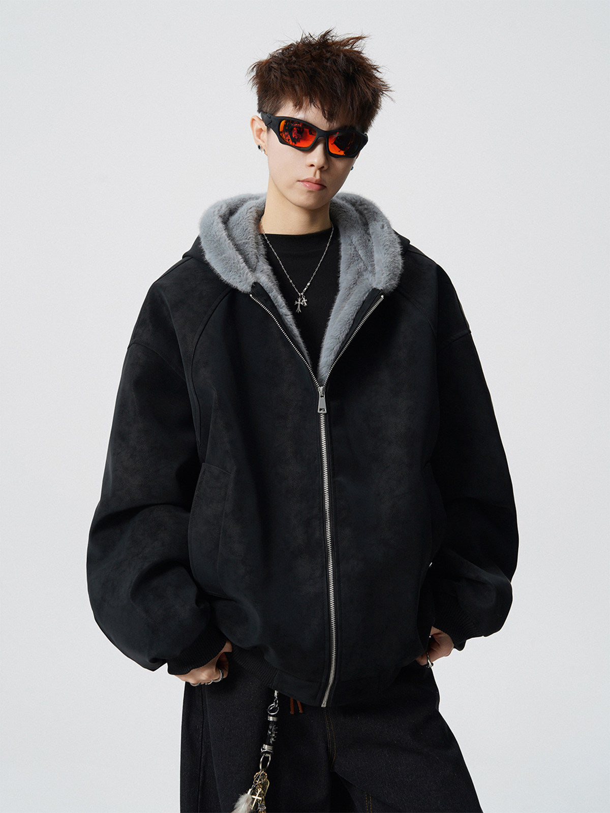 UNISEX FAUX FUR HOODED SUEDE JACKET - STREETWEAR ZIP COAT EHW5028