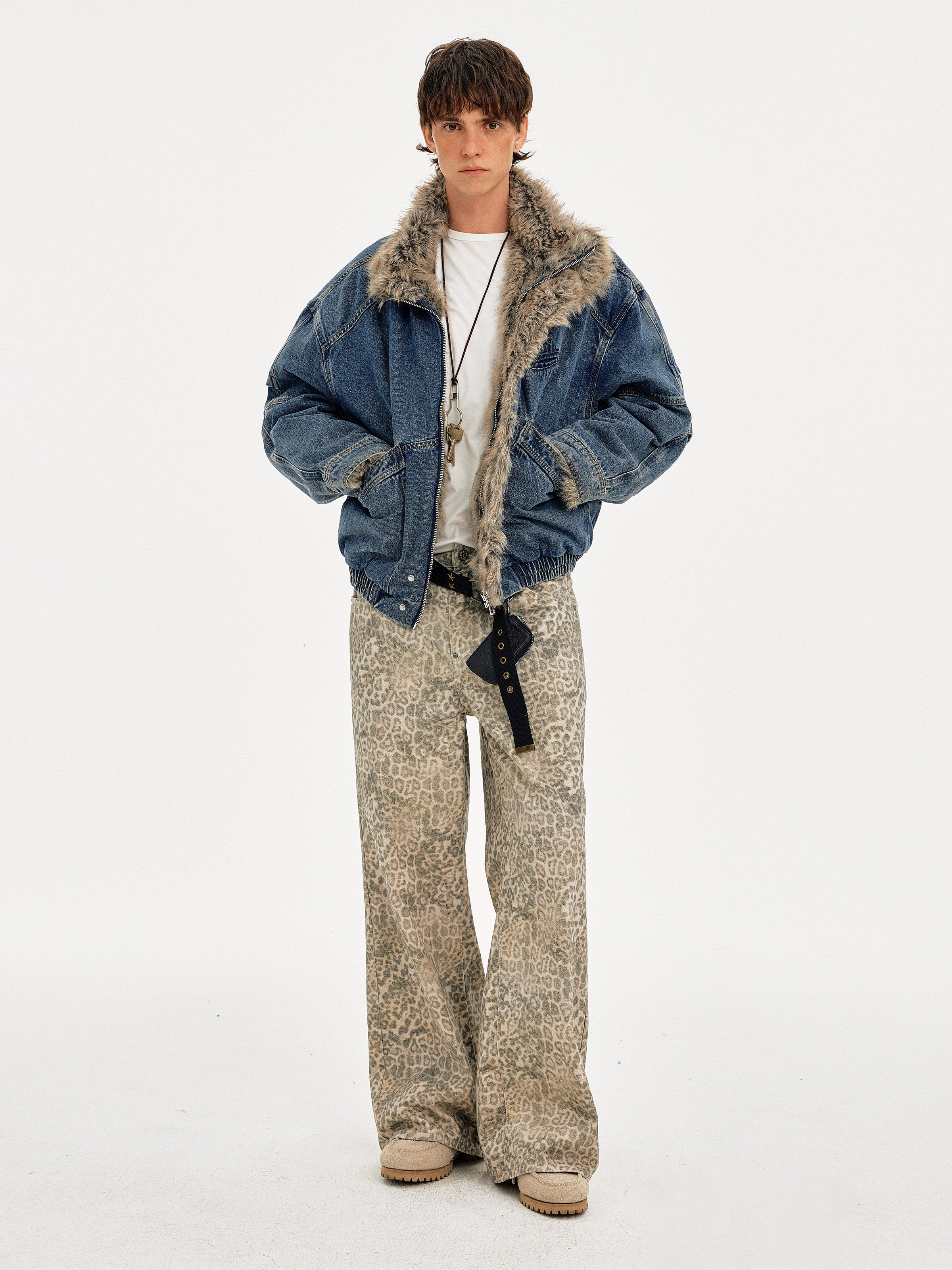 VINTAGE WASHED DENIM BOMBER WITH FUR COLLAR EHW5044