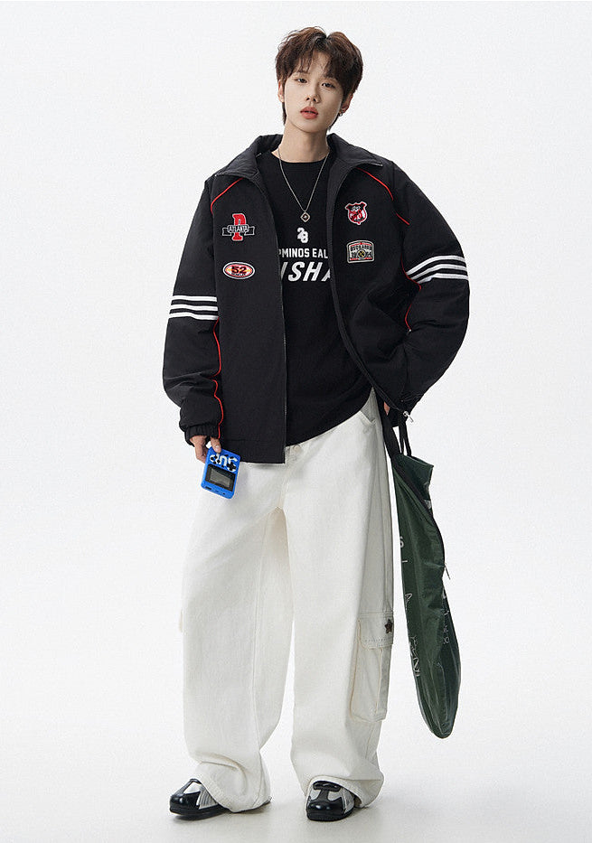 RACING STYLE BOMBER JACKET FOR MEN - PATCH DETAIL STREETWEAR OUTERWEAR EHW5033