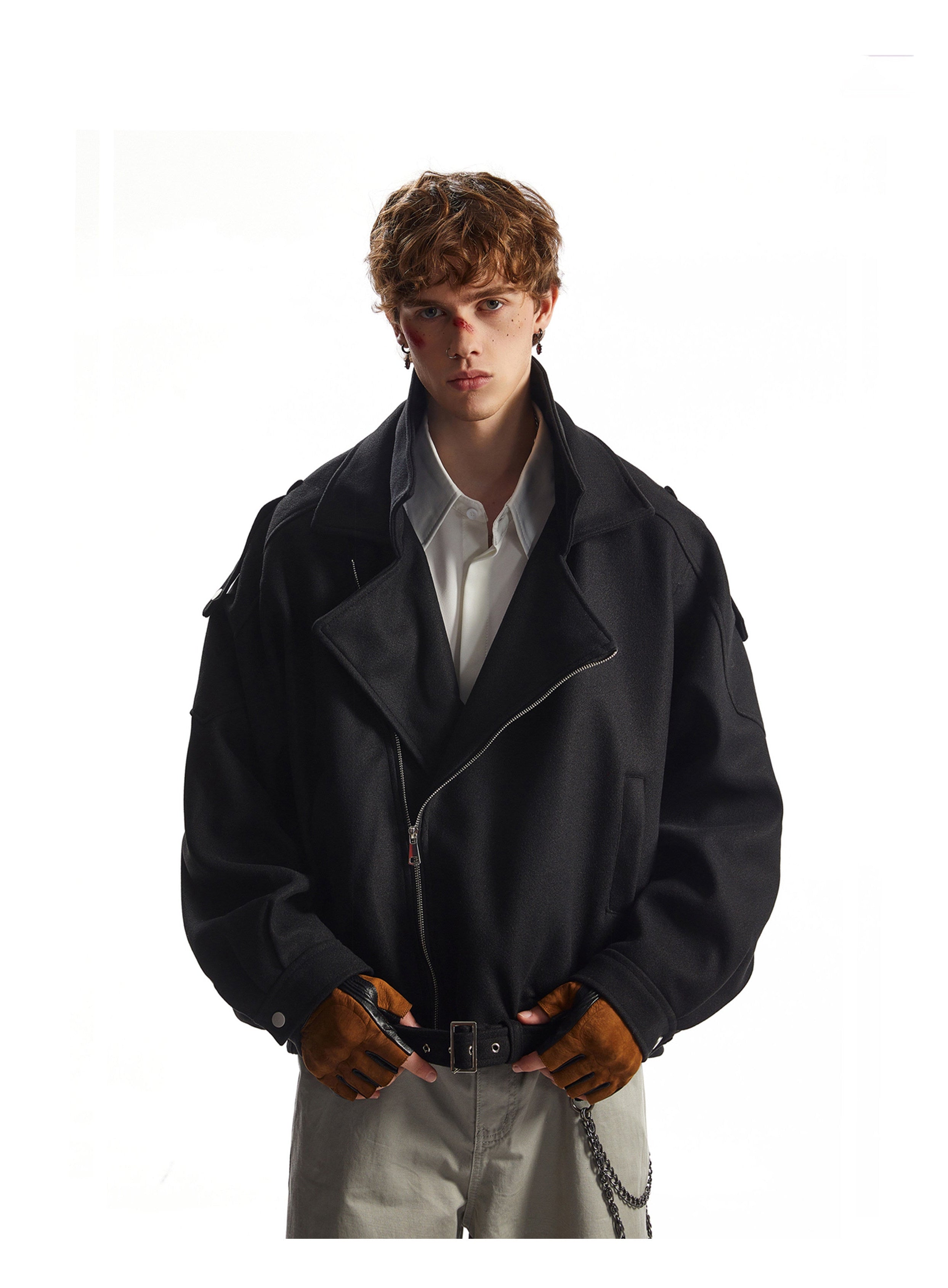 OVERSIZED WOOL BIKER JACKET-STREETWEAR ASYMMETRIC ZIP COAT EHW5023