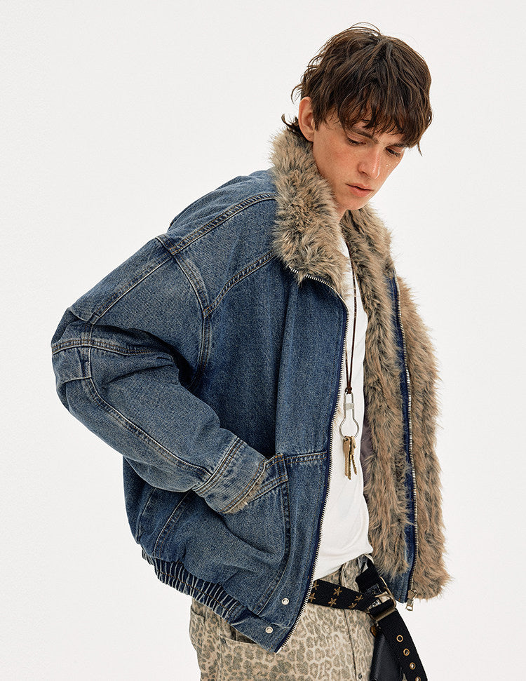 VINTAGE WASHED DENIM BOMBER WITH FUR COLLAR EHW5044