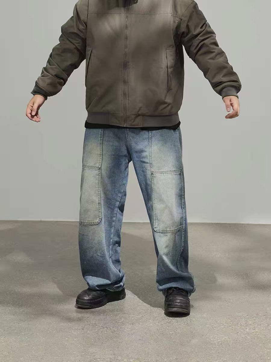 American retro baggy jeans men's 2025 new high street ruffian handsome splicing loose straight wide-leg pants