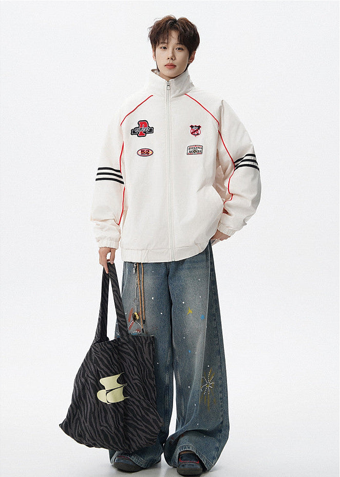 RACING STYLE BOMBER JACKET FOR MEN - PATCH DETAIL STREETWEAR OUTERWEAR EHW5033