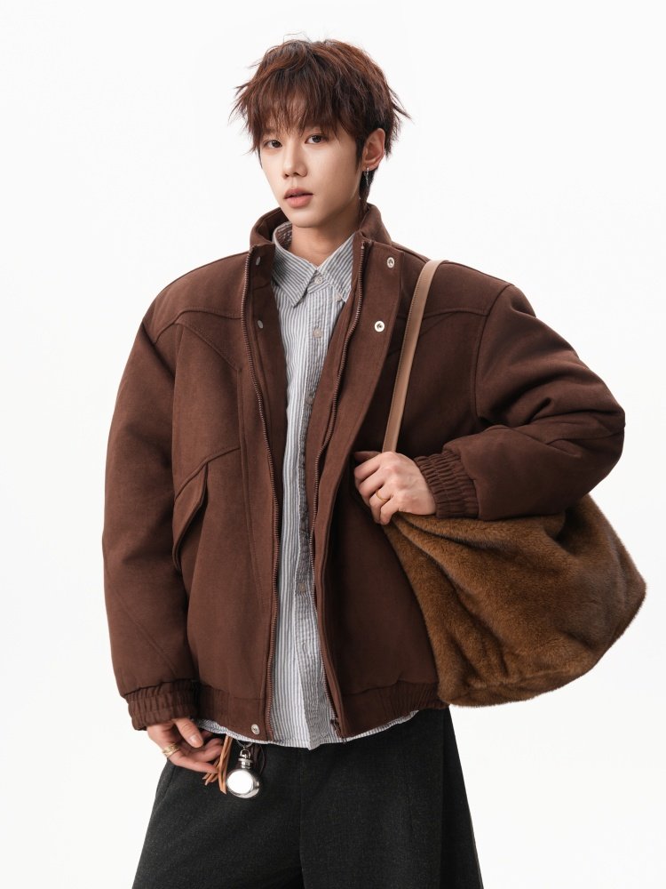Suede Stand Collar Bomber Jacket Men's Casual Winter Coat EHW5037