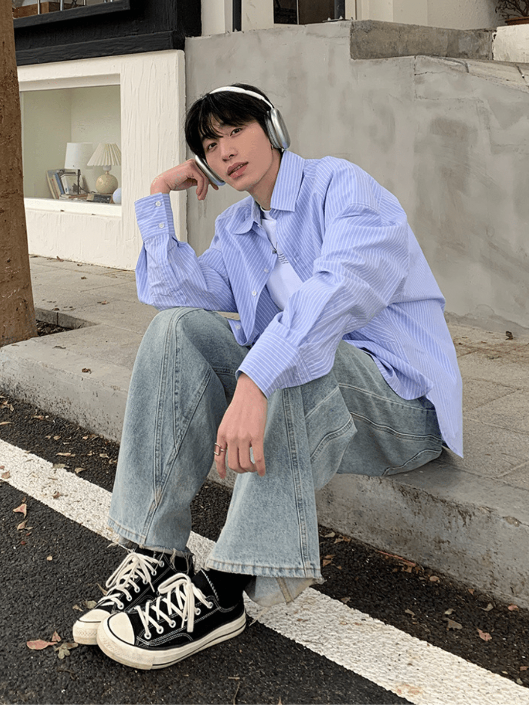 [ONELYC1NS] 한국 블루 앤 화이트 루즈핏 셔츠 ST2008