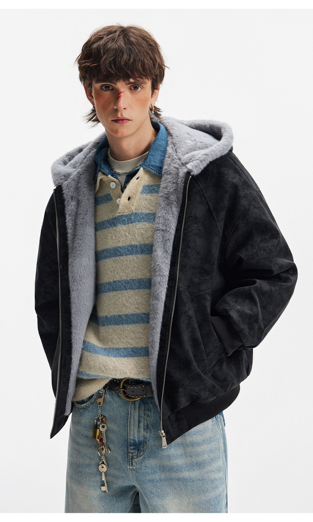 UNISEX FAUX FUR HOODED SUEDE JACKET - STREETWEAR ZIP COAT EHW5028