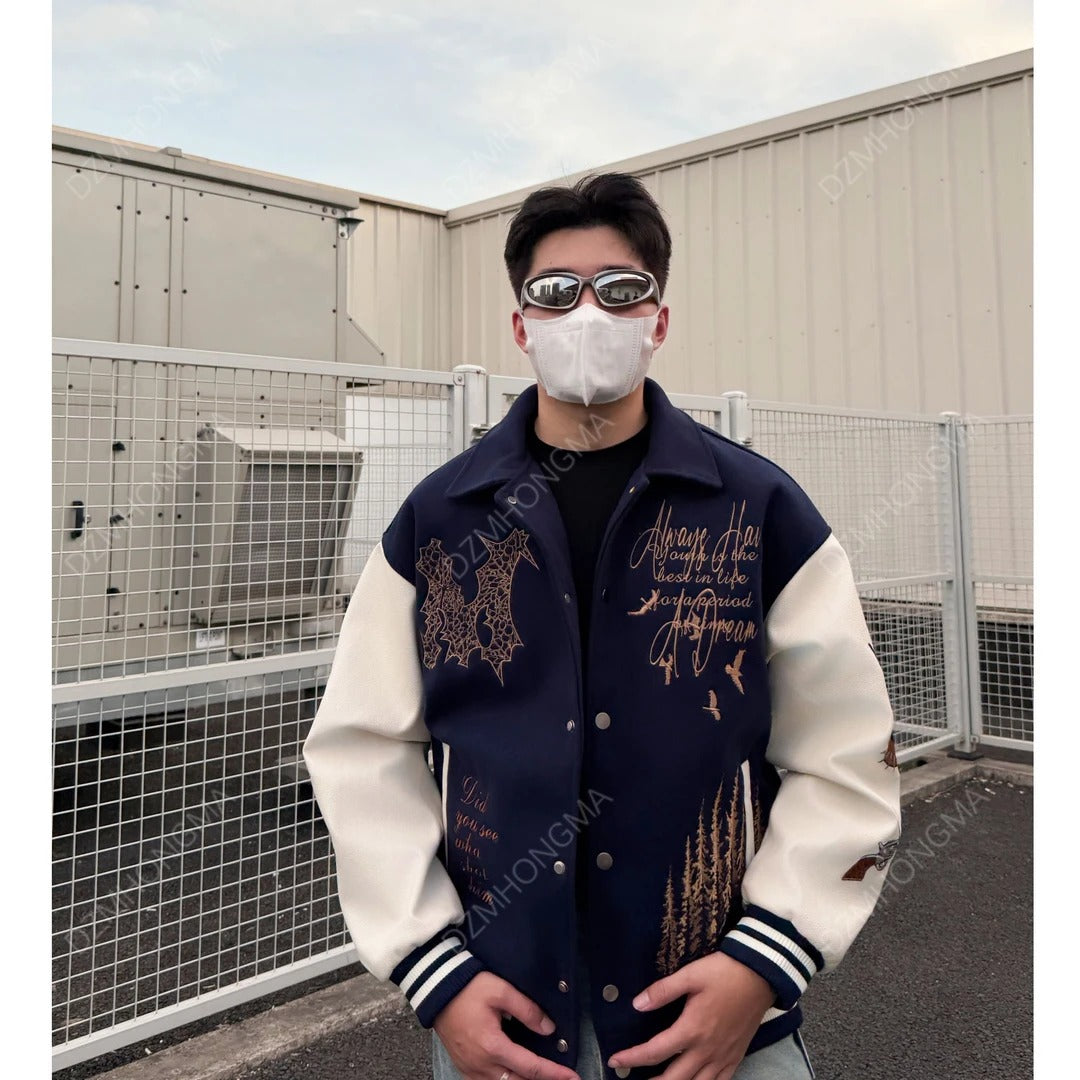 VINTAGE EMBROIDERED VARSITY JACKET-MEN'S RETRO STREETWEAR EHW5021