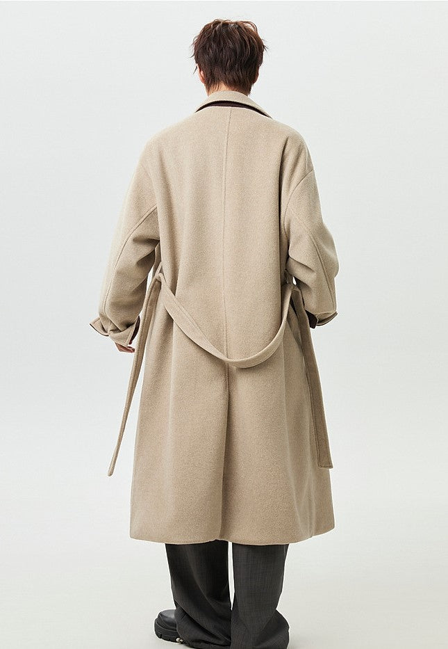 남성용 베이지 오버사이즈 울 트렌치 코트 - 레트로 롱라인 스타일 EHW5019 