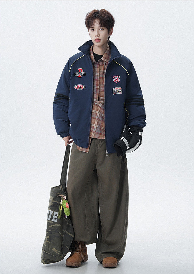 RACING STYLE BOMBER JACKET FOR MEN - PATCH DETAIL STREETWEAR OUTERWEAR EHW5033