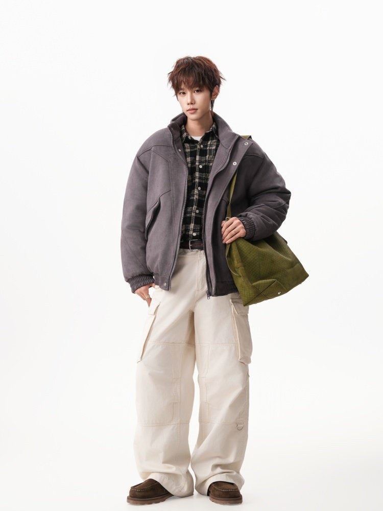 Suede Stand Collar Bomber Jacket Men's Casual Winter Coat EHW5037