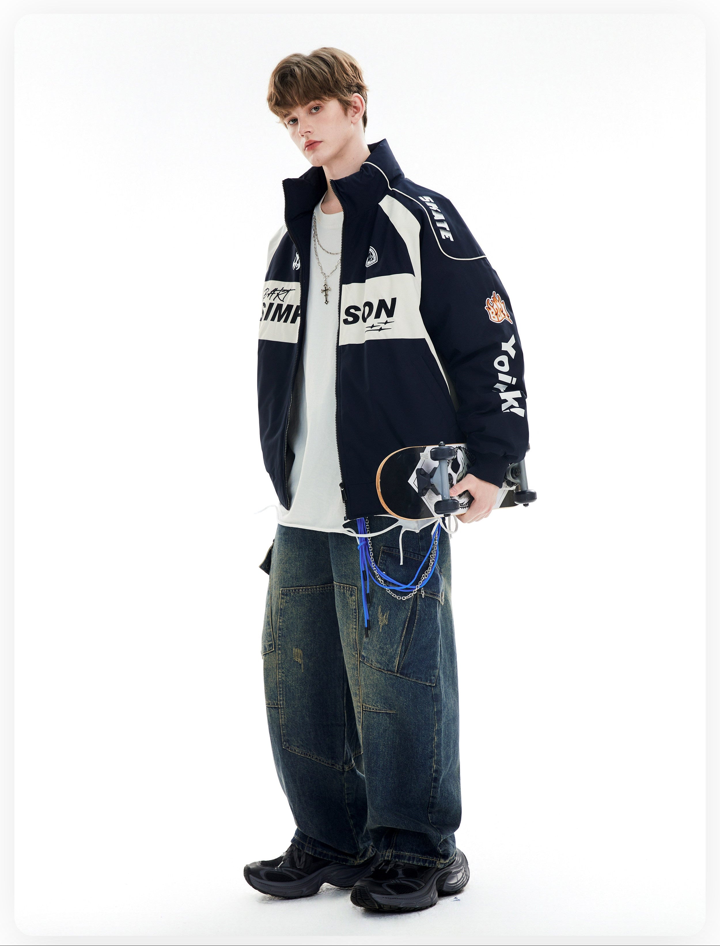 COLOR BLOCK PUFFER JACKET MEN'S STREETWEAR LETTER PRINT OVERSIZED COAT EHW5035