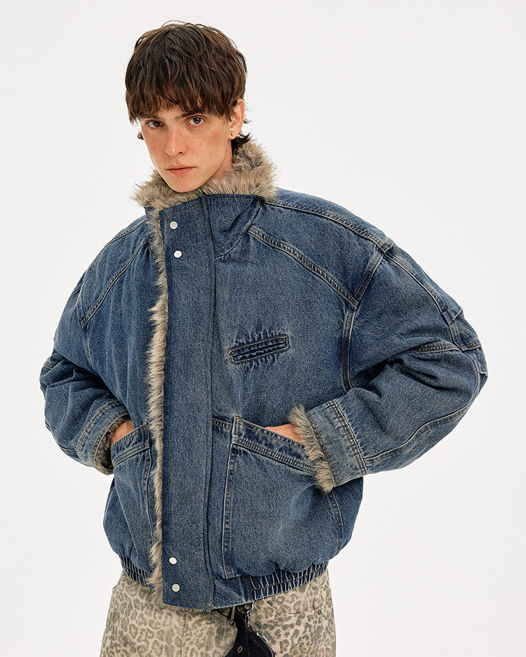 VINTAGE WASHED DENIM BOMBER WITH FUR COLLAR EHW5044