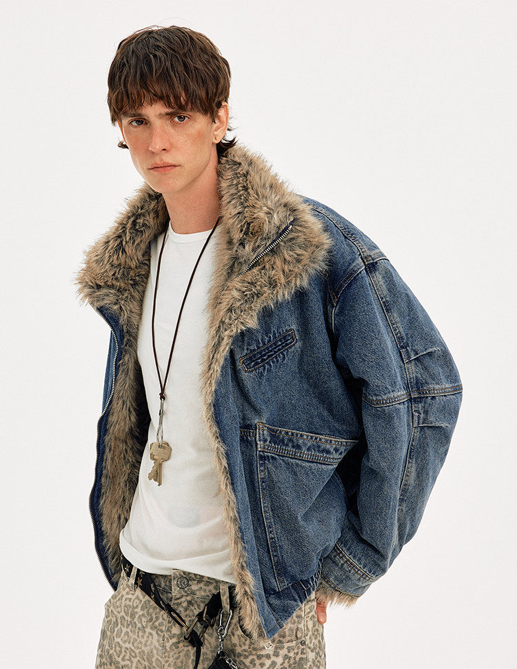 VINTAGE WASHED DENIM BOMBER WITH FUR COLLAR EHW5044