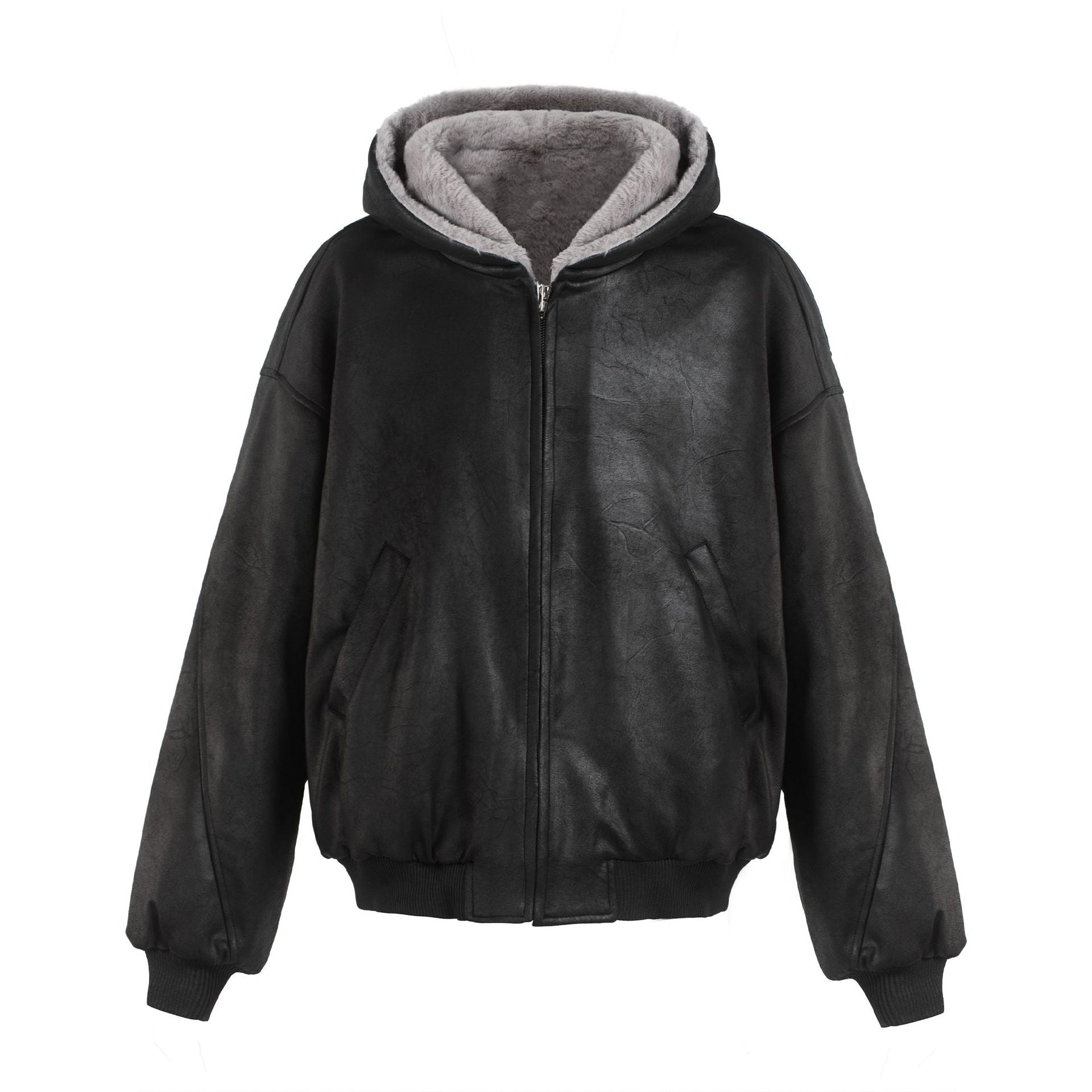 VINTAGE-INSPIRED BLACK LEATHER BOMER | SHERPA-LINED COLLAR & OVERSIZED FIT EHW5014