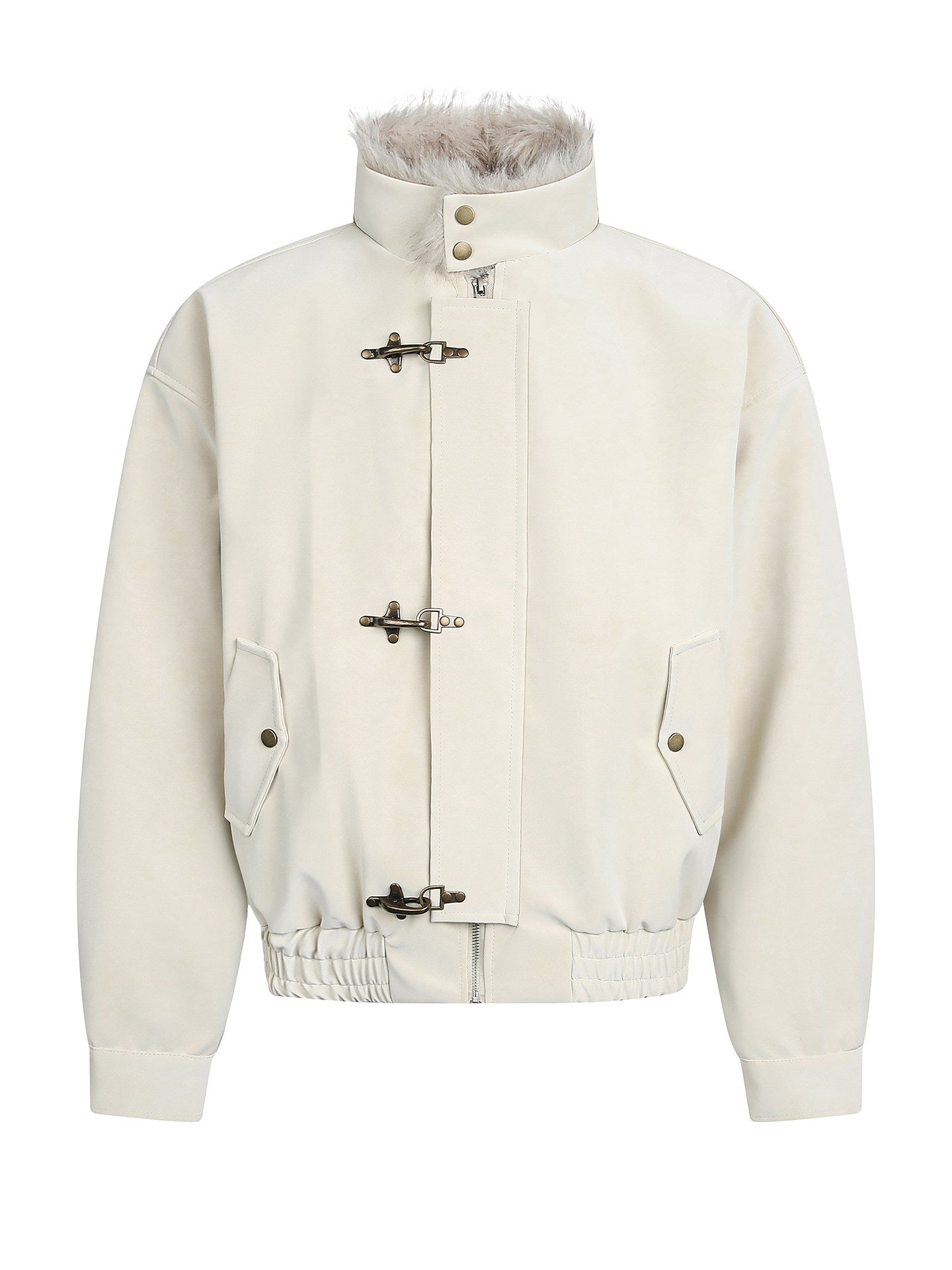 OVERSIZED BEIGE FAUX LEATHER BOMBER JACKET WITH FUR TRIM EHW5027