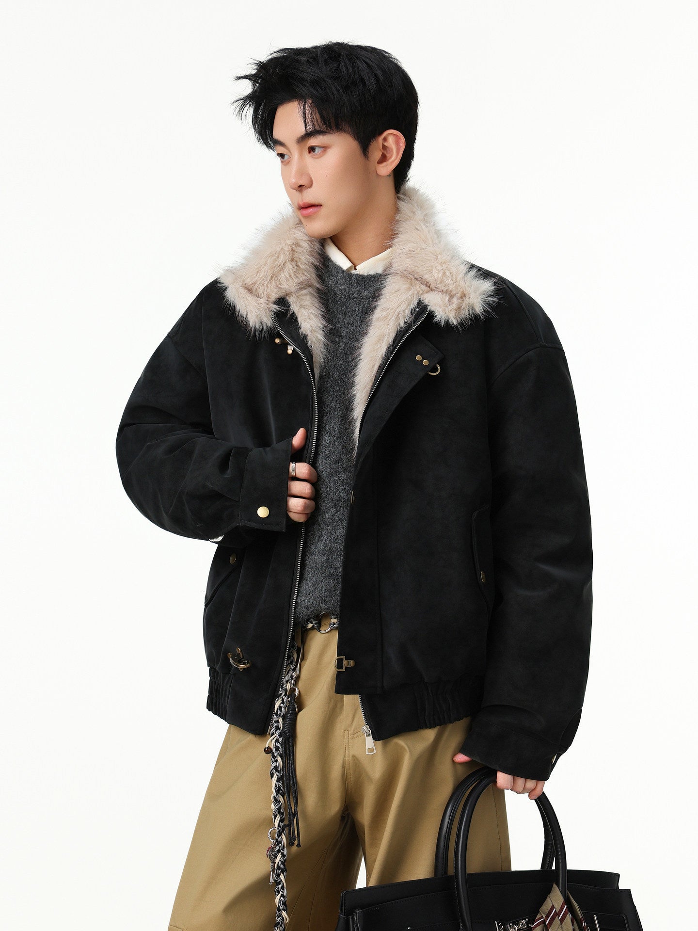 OVERSIZED BEIGE FAUX LEATHER BOMBER JACKET WITH FUR TRIM EHW5027