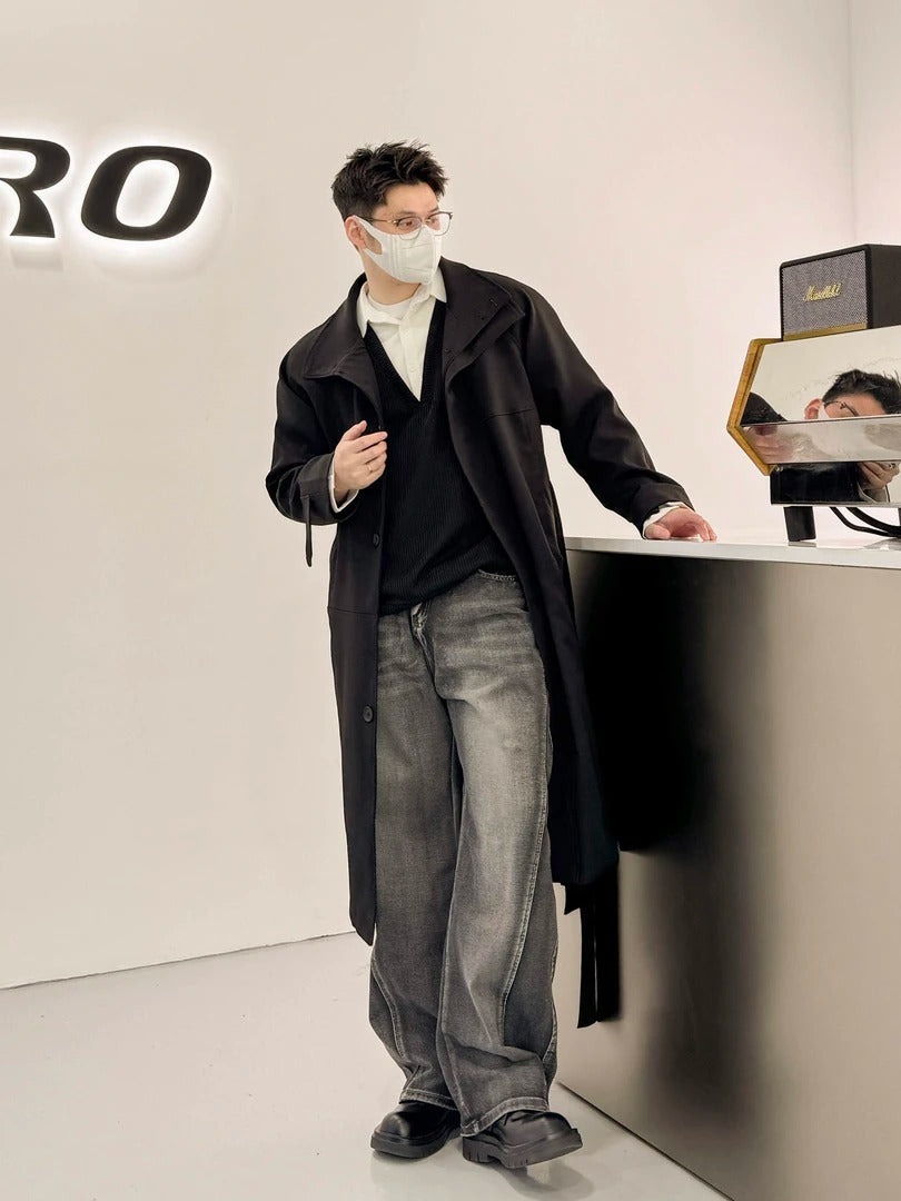 남성용 베이지 오버사이즈 울 트렌치 코트 - 레트로 롱라인 스타일 EHW5019 