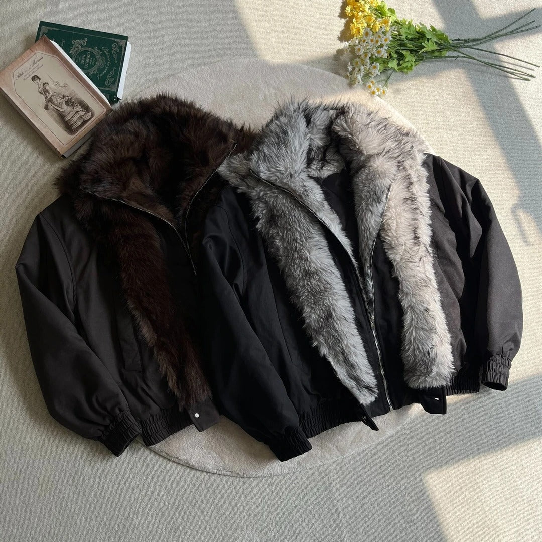 FAUX FUR TRIM CROPPED BOMBER JACKET-FAUX TWO-PIECE STYLE EHW5031