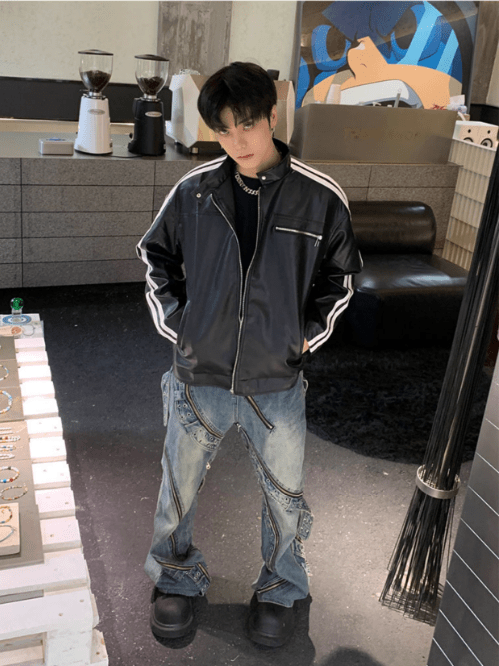 [K09] PU leather striped jacket st1918