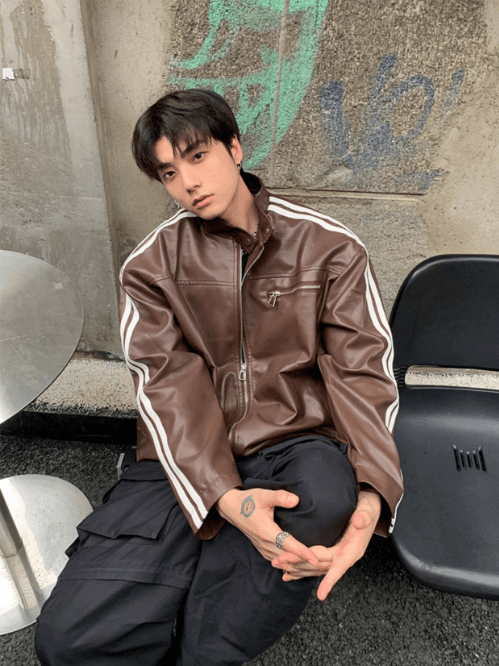 [K09] PU leather striped jacket st1918