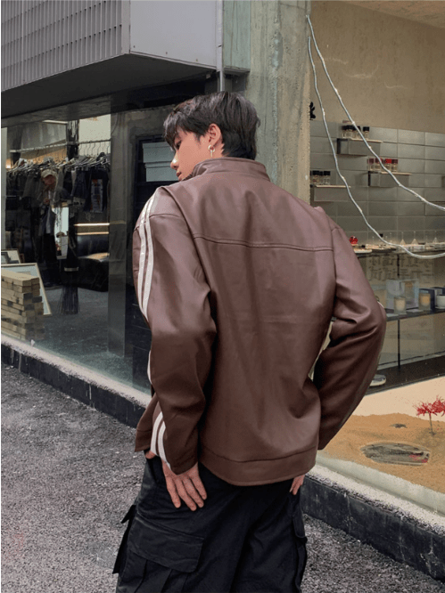 [K09] PU leather striped jacket st1918