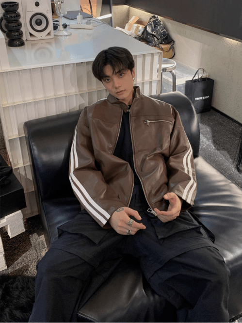 [K09] PU leather striped jacket st1918