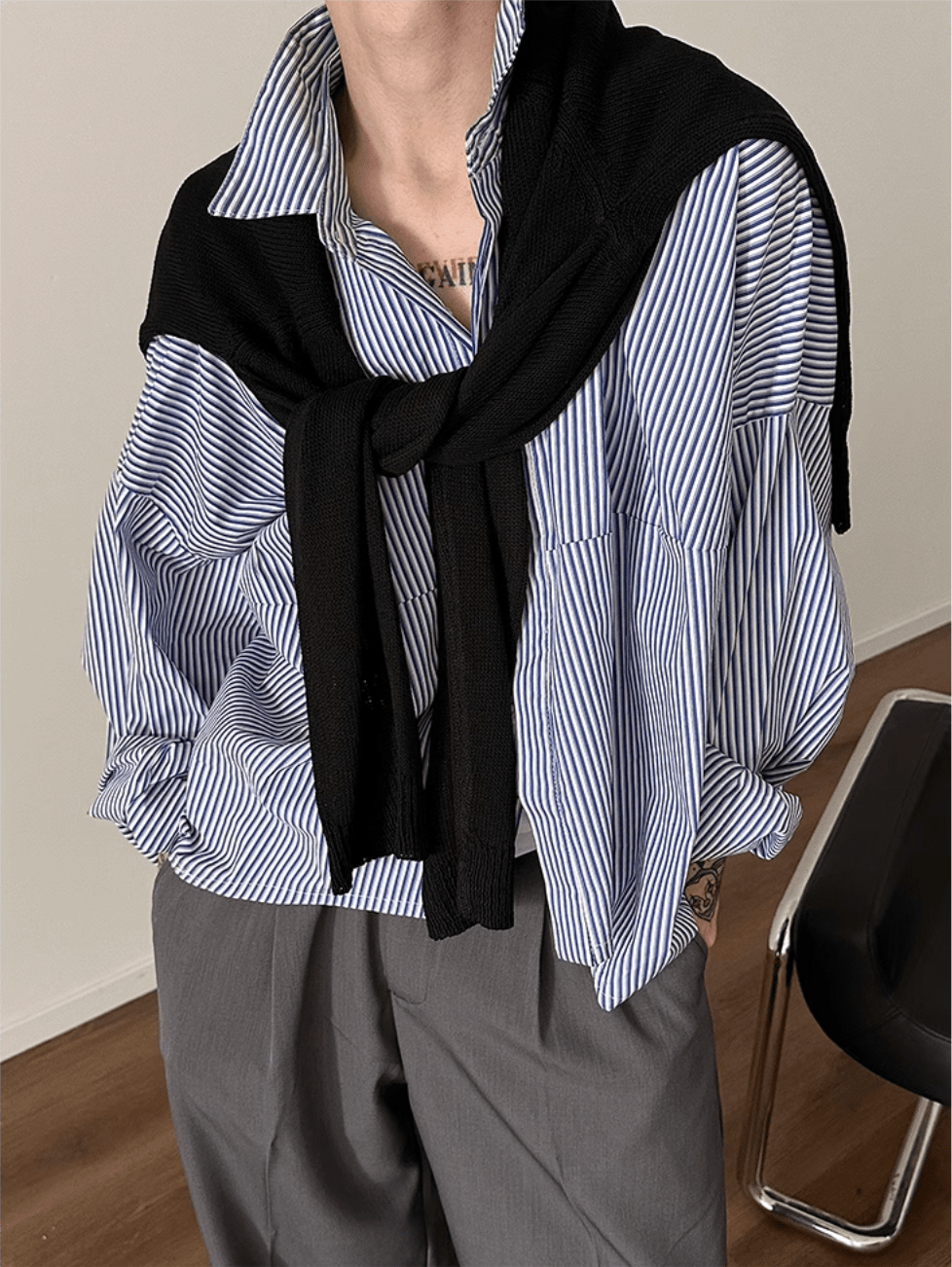 [GENESISBOY] Blau gestreiftes Freizeithemd st2080