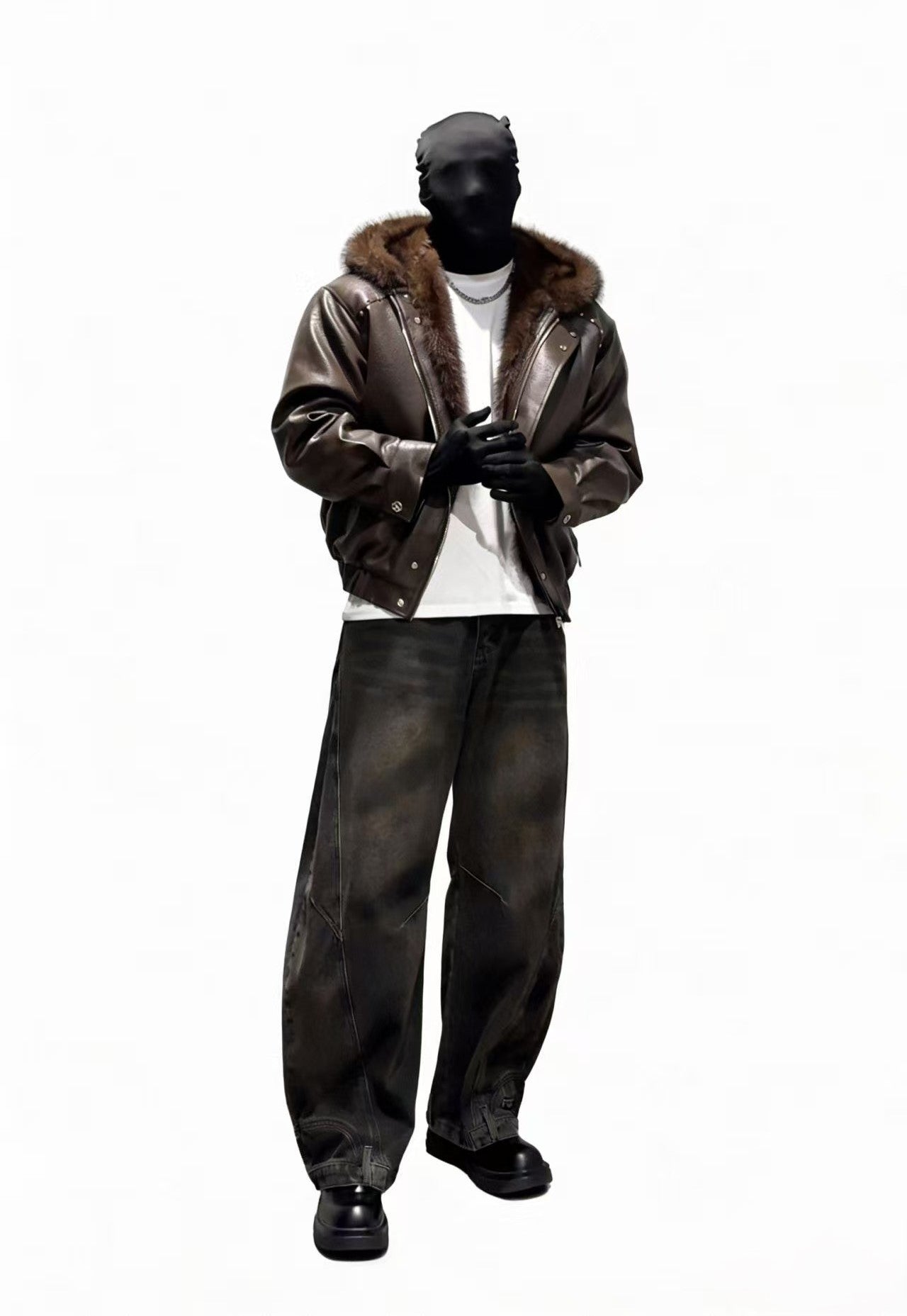 FAUX LEATHER JACKET WITH FAUX FUR LINED HOOD OVERSIZED BIKER STREETWEAR COAT EHW5008