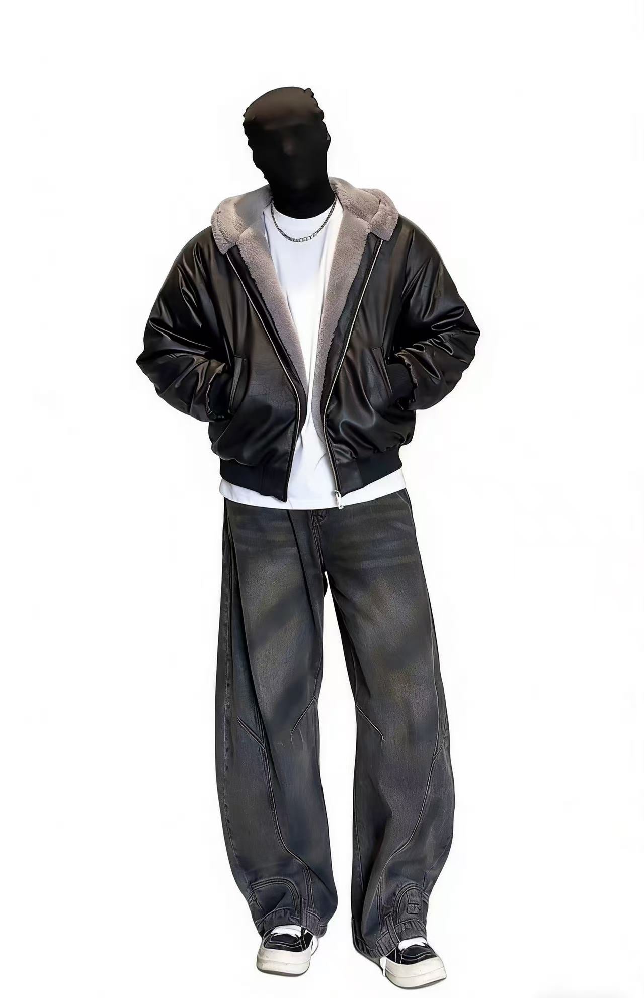 VINTAGE-INSPIRED BLACK LEATHER BOMER | SHERPA-LINED COLLAR & OVERSIZED FIT EHW5014