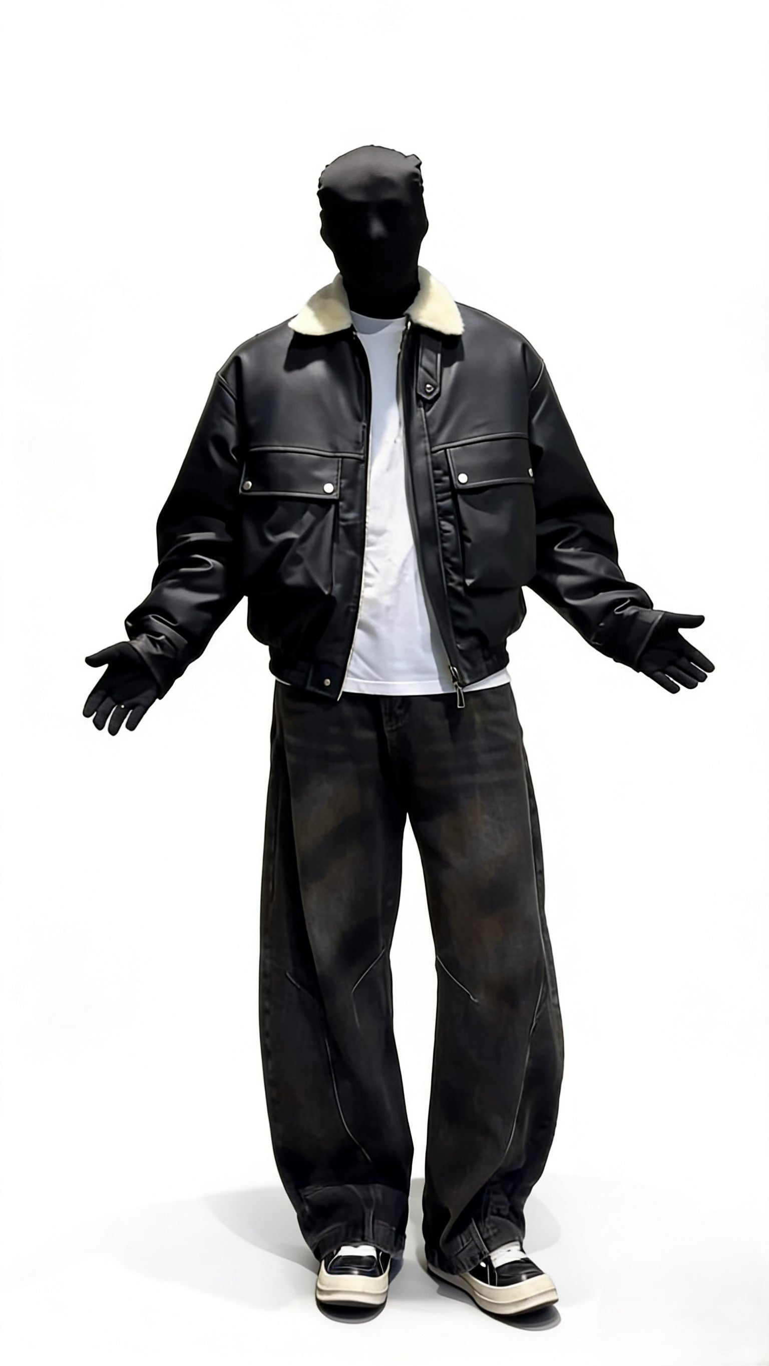 STREET STYLE BOMBER JACKET-BLACK LEATHER-LOOK WITH COZY CREAM COLLAR EHW5016