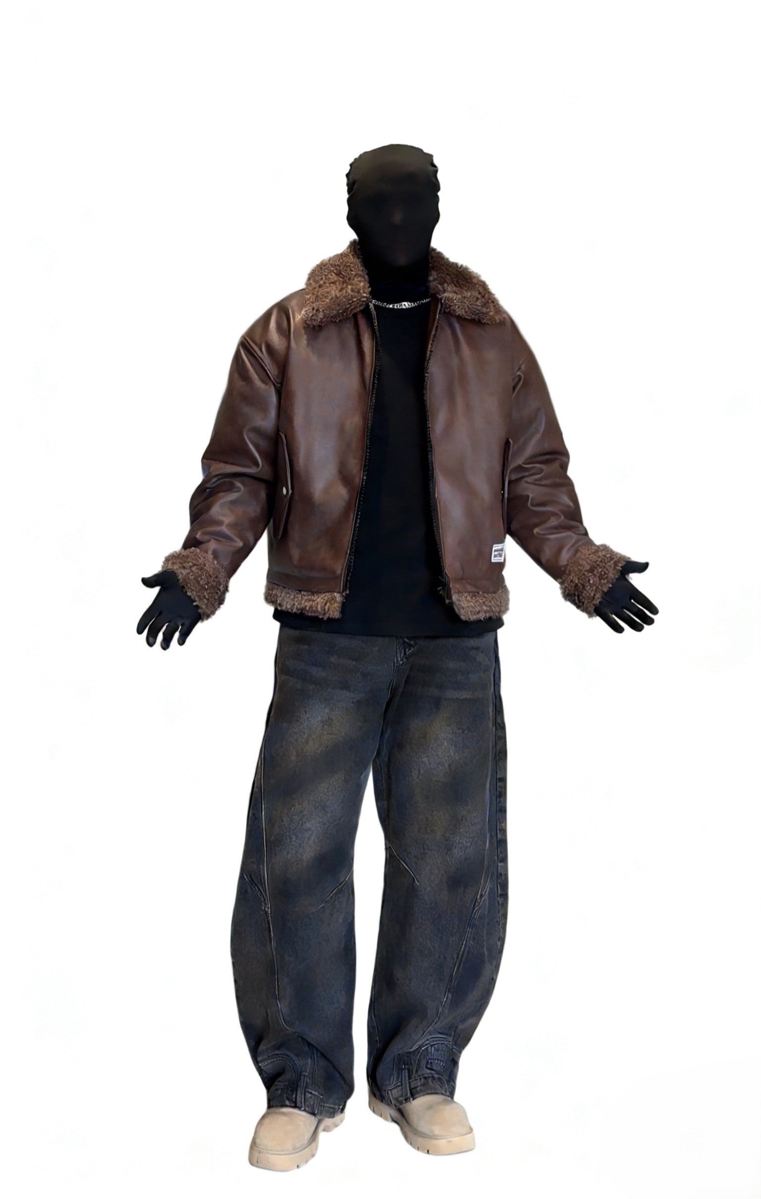 Vintage brown Shearling Collar Faux Leather Jacket EHW5017