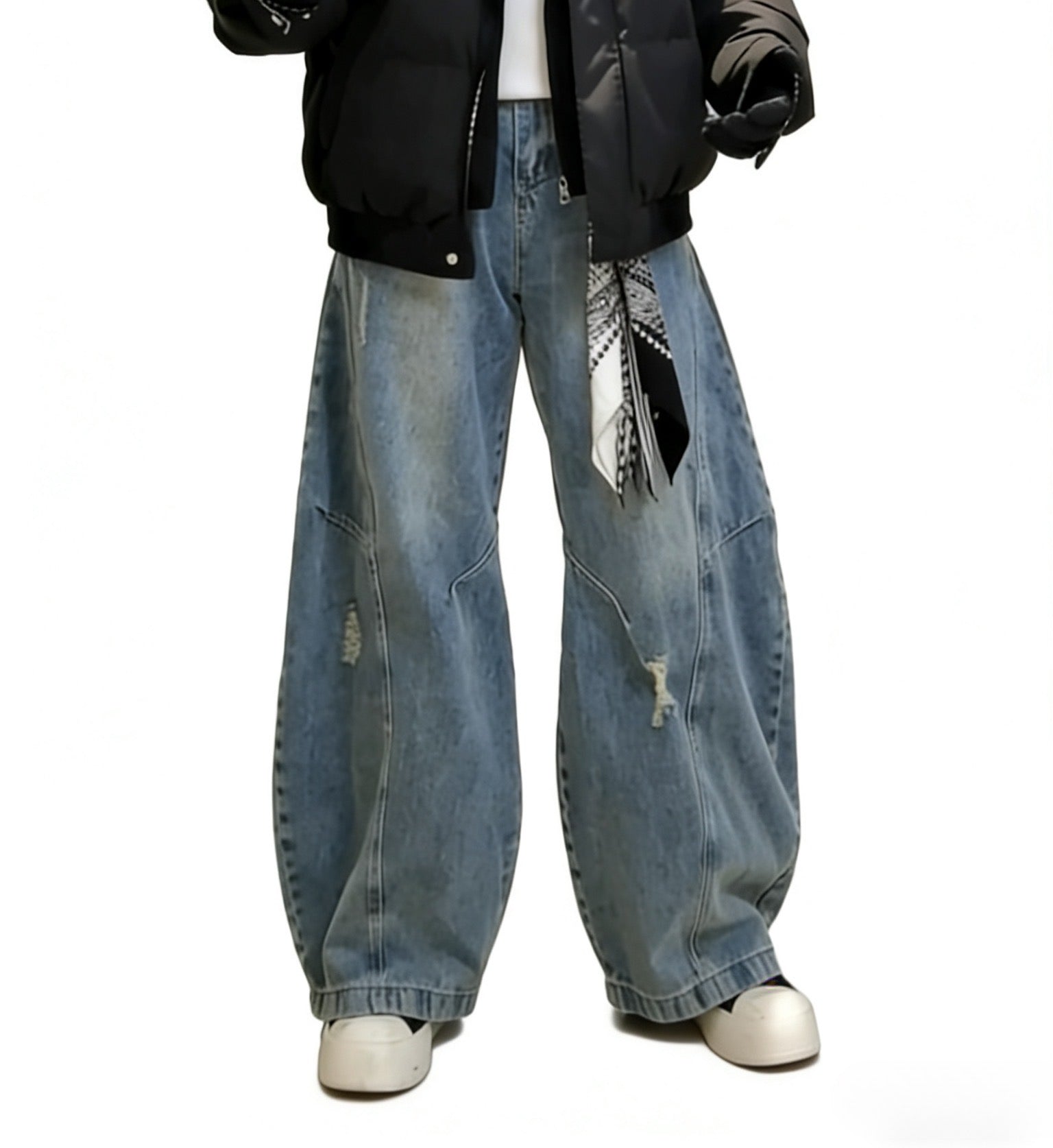 AMERICAN VINTAGE RIPPED BAGGY WIDE LEG JEANS - DISTRESSED FLARE CUT DENIM PANTS EHK5024