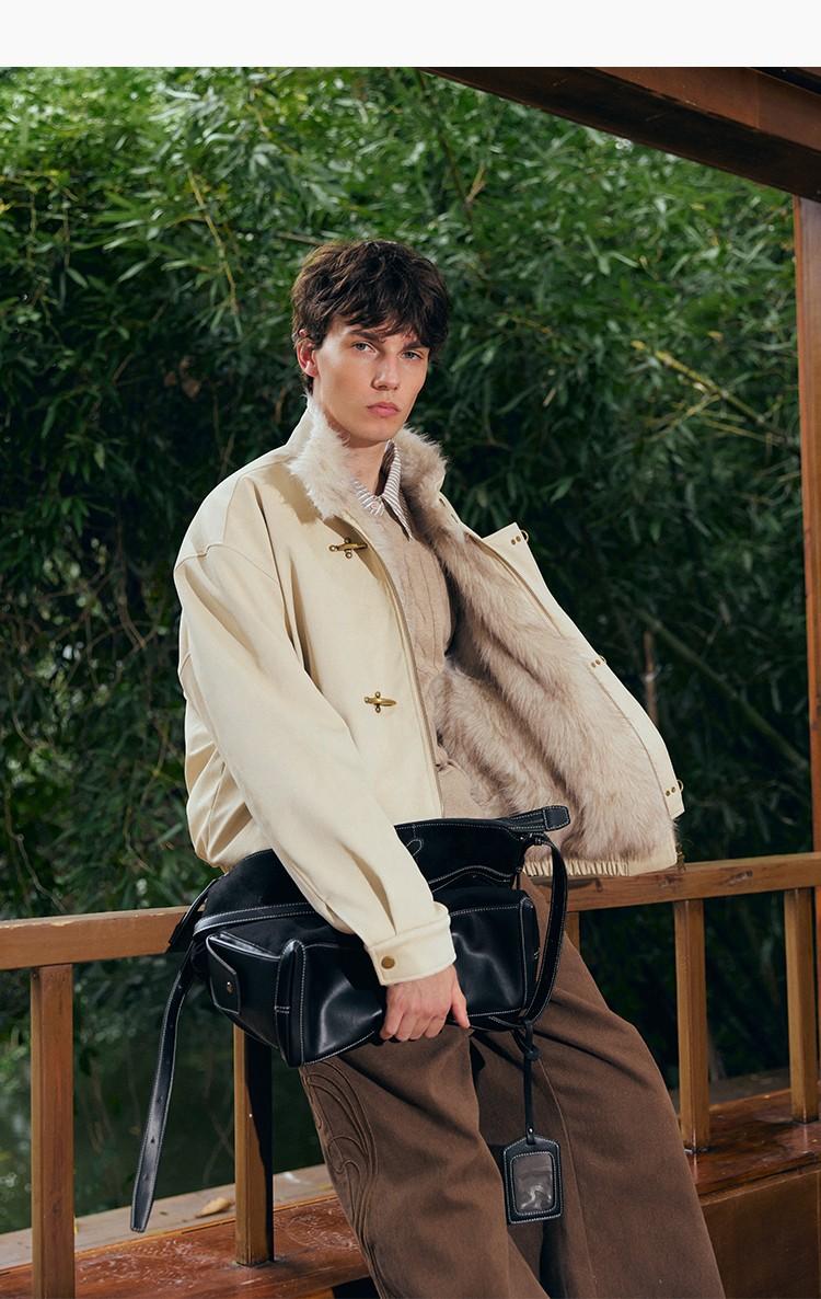 OVERSIZED BEIGE FAUX LEATHER BOMBER JACKET WITH FUR TRIM EHW5027