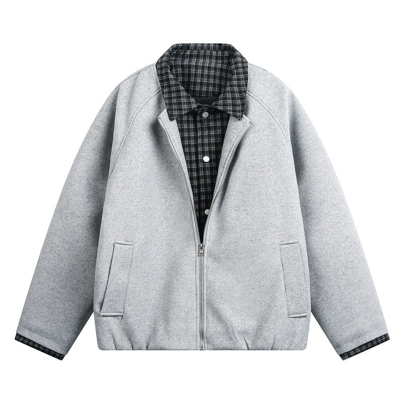 VINTAGE TWO-IN-ONE PLAID COLLR BOMBER OVERSIZED UNISEX STREET JACKET EHW5003