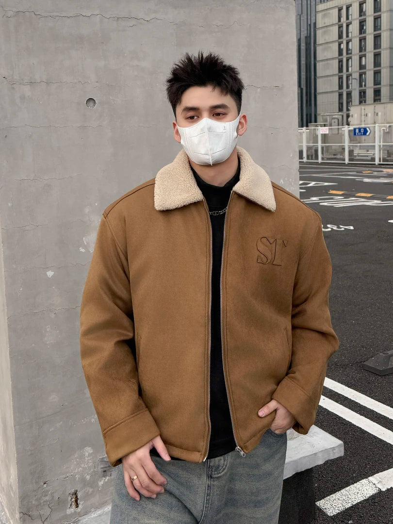 EMBROIDERED SHEARLING COLLAR SUEDE JACKET-RETRO BOMBER STYLE EHW5015