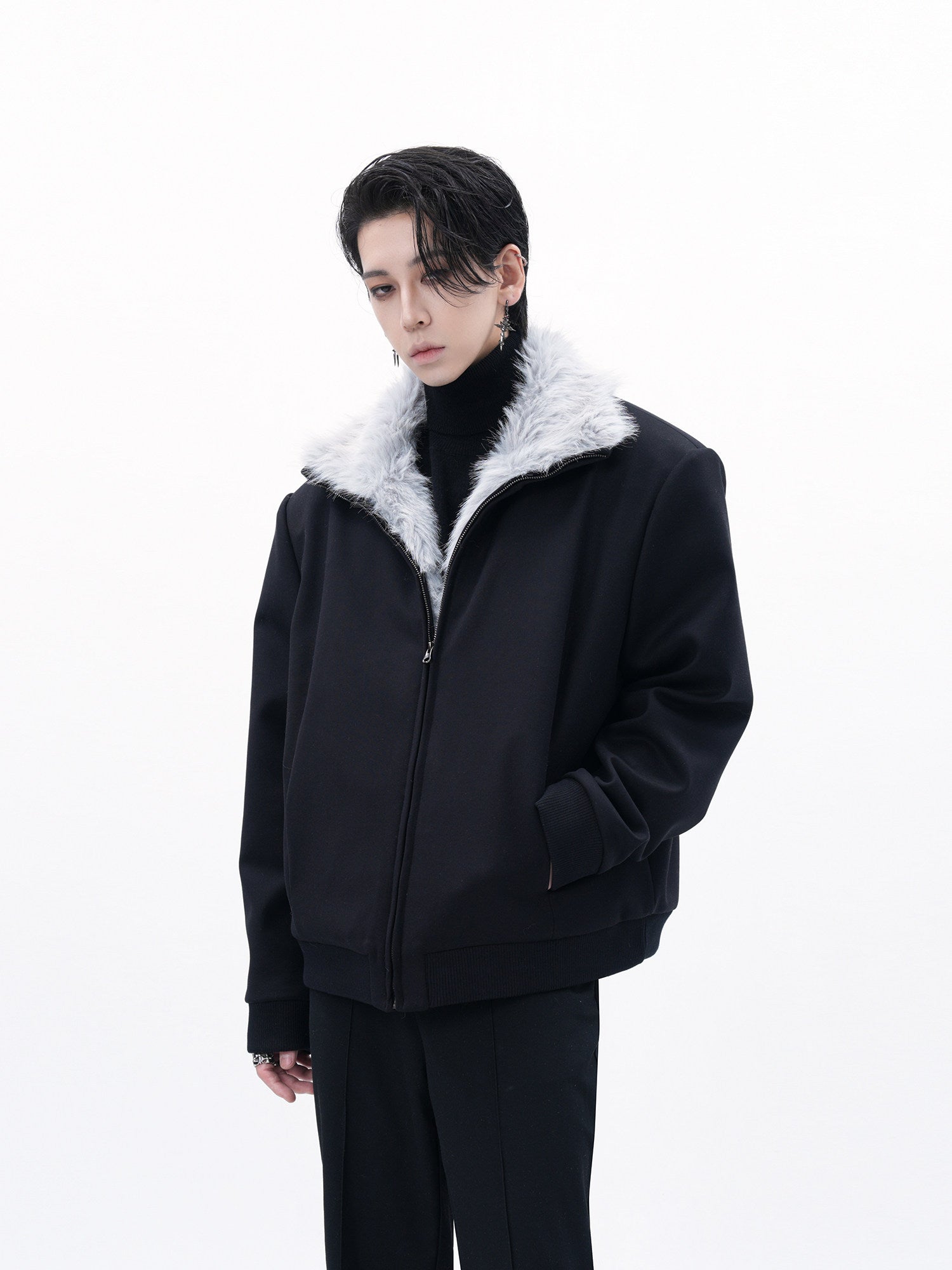 BOMBER JACKET WITH FAUX FUR COLLAR-STREET STYLE WARM ZIP-UP OUTWEAR EHW5012